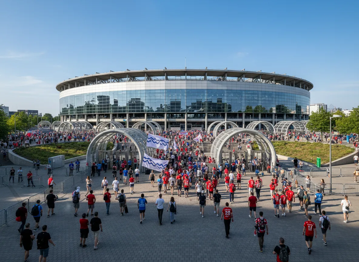 Außenansicht des Volksparkstadions in Hamburg an einem Spieltag