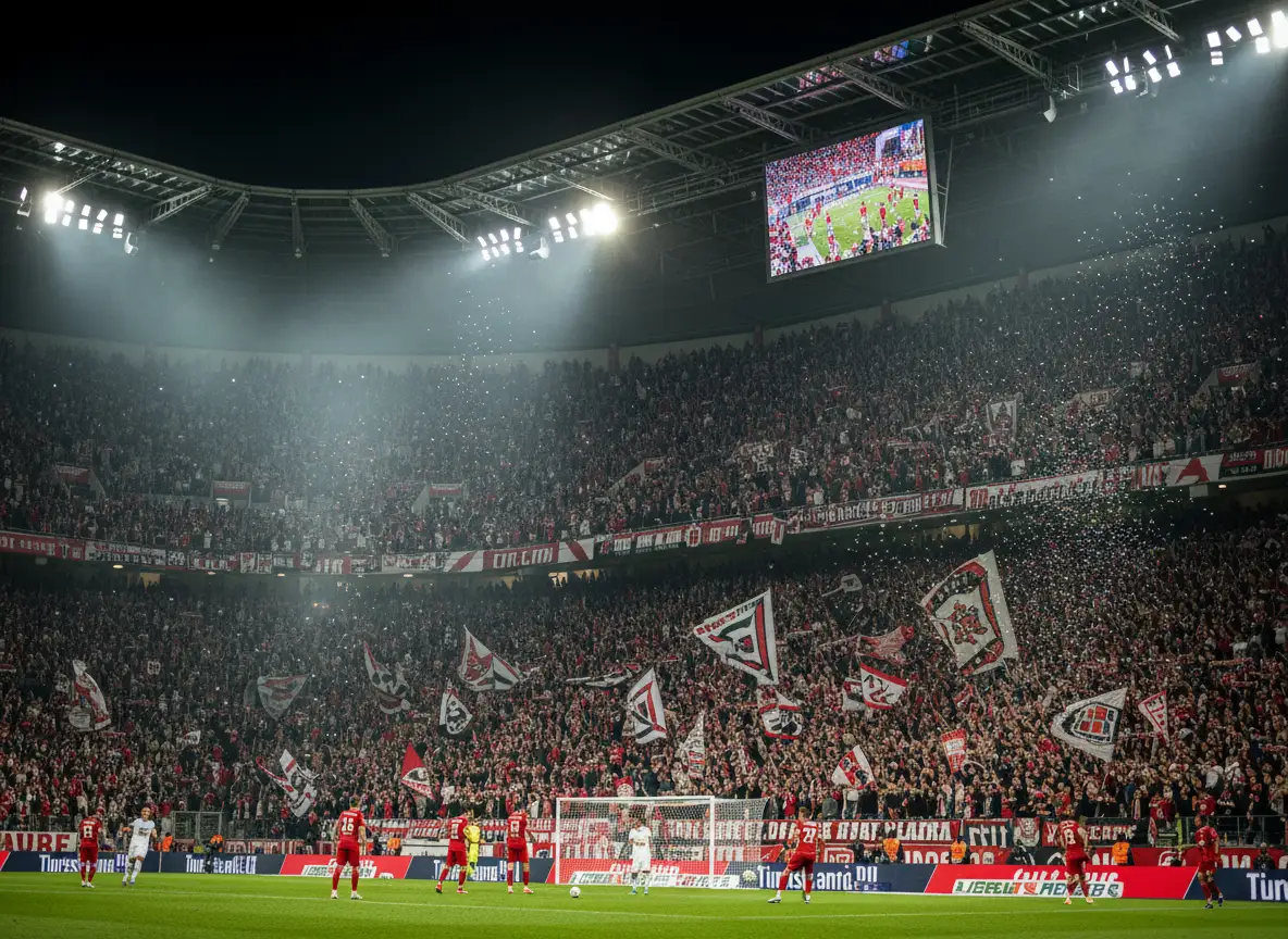 Fußballrasen mit Eckfahne im Abendlicht vor der Haupttribüne