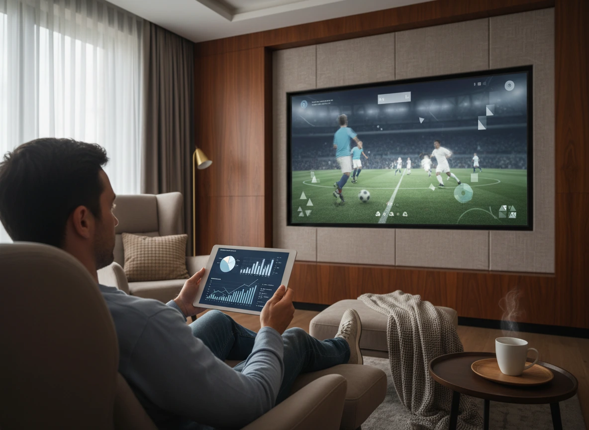 Echtzeit-Spielfeldgrafik und Ballbesitzstatistiken während einer Bundesliga-Partie.