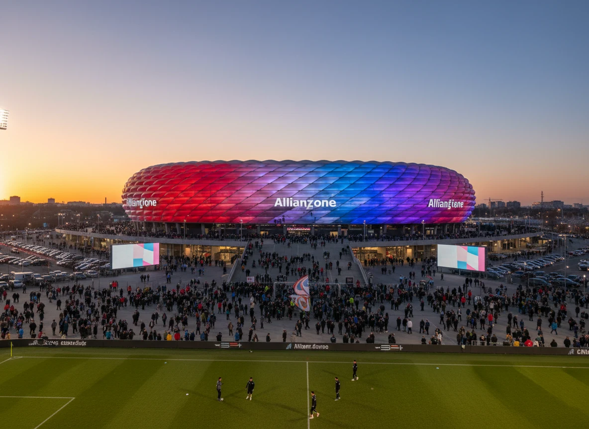 Außenansicht der beleuchteten Fassade der Allianz Arena in München bei Dämmerung.