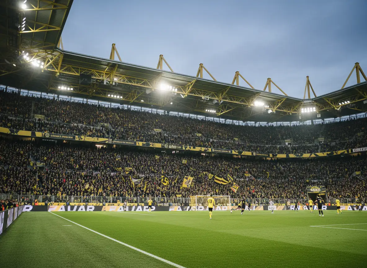 Blick auf die vollbesetzte Südtribüne im Dortmunder Westfalenstadion während eines Heimspiels.