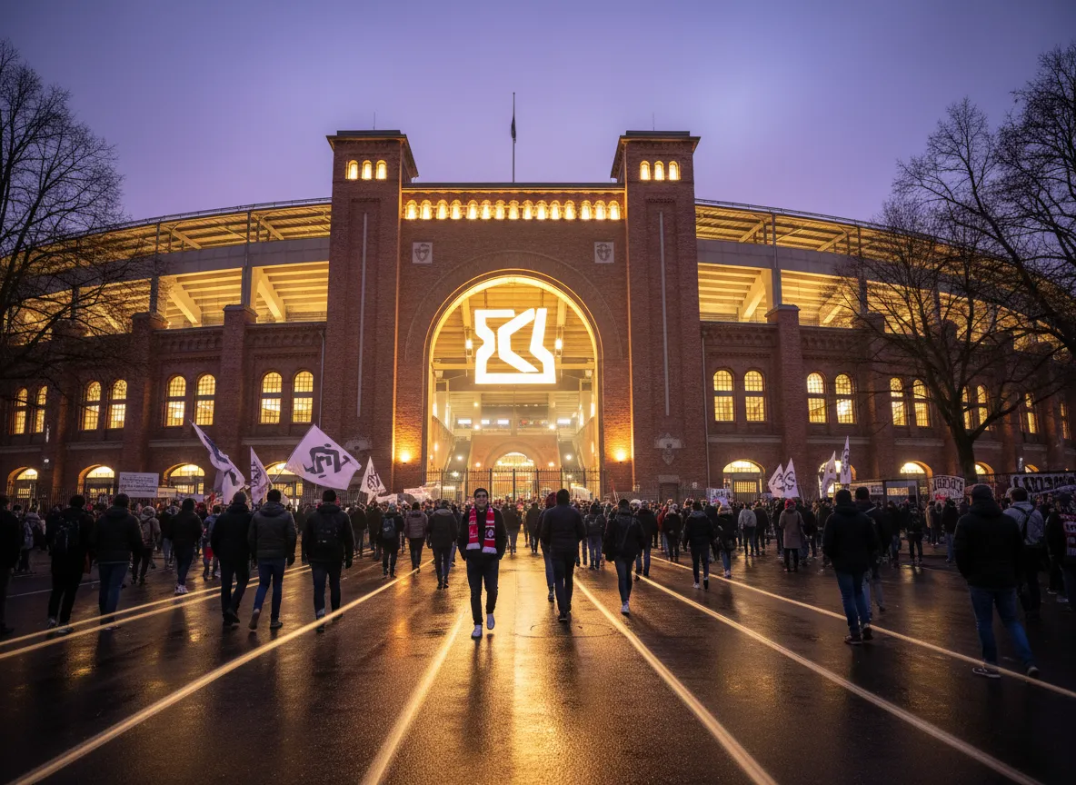 Traditionelle Stehplatztribünen im Stadion An der Alten Försterei in Berlin vor Spielbeginn.