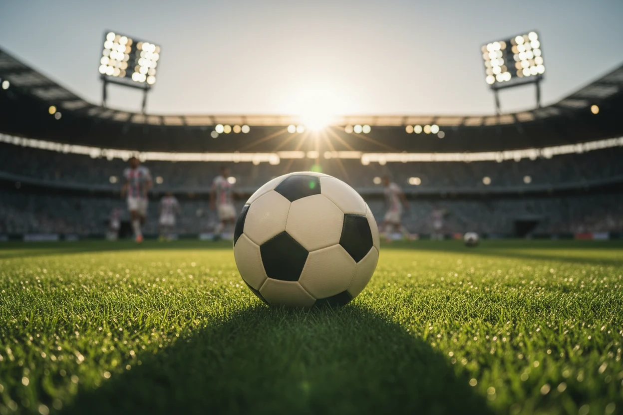 Fußballarena bei Flutlicht am Abend