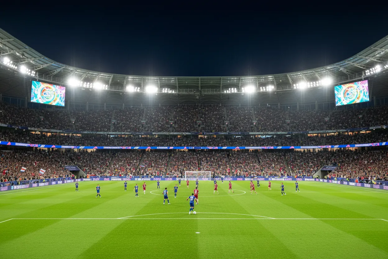 Flutlichtstadion während eines internationalen Fußballturniers