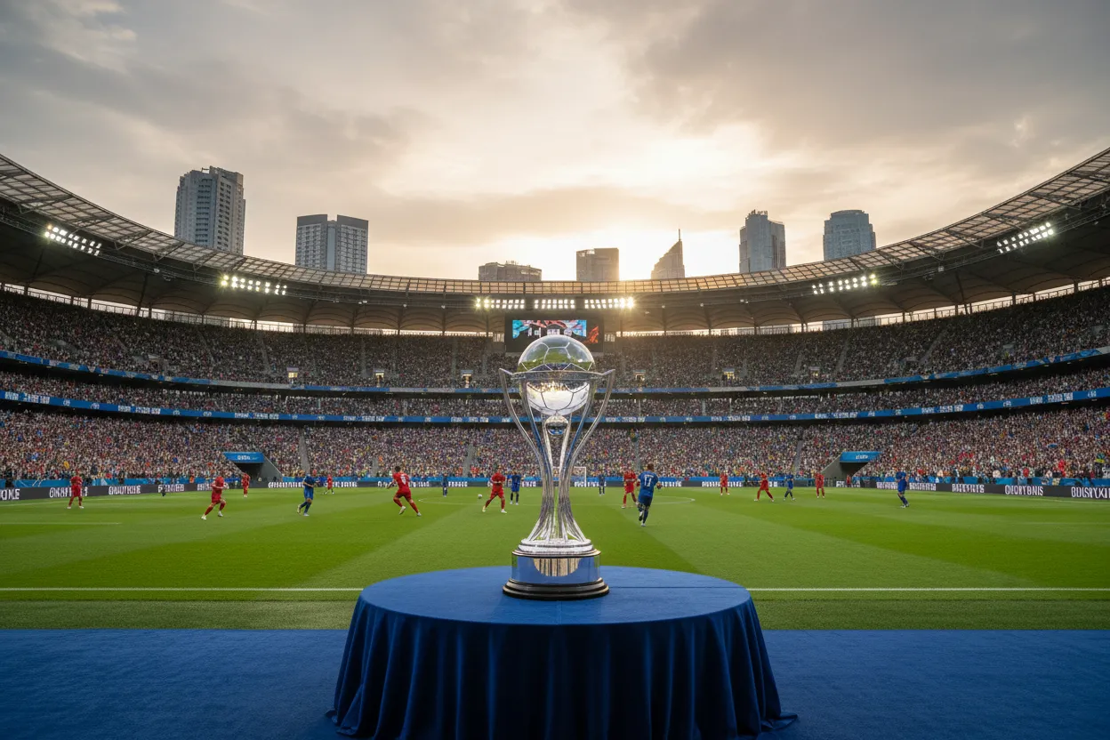 Glänzende Trophäe auf einem Podest im Stadionfoyer