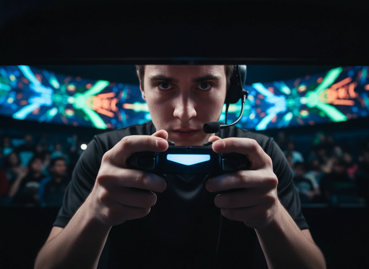 Professioneller E-Sport-Spieler mit Headset konzentriert vor dem Gaming-Monitor.