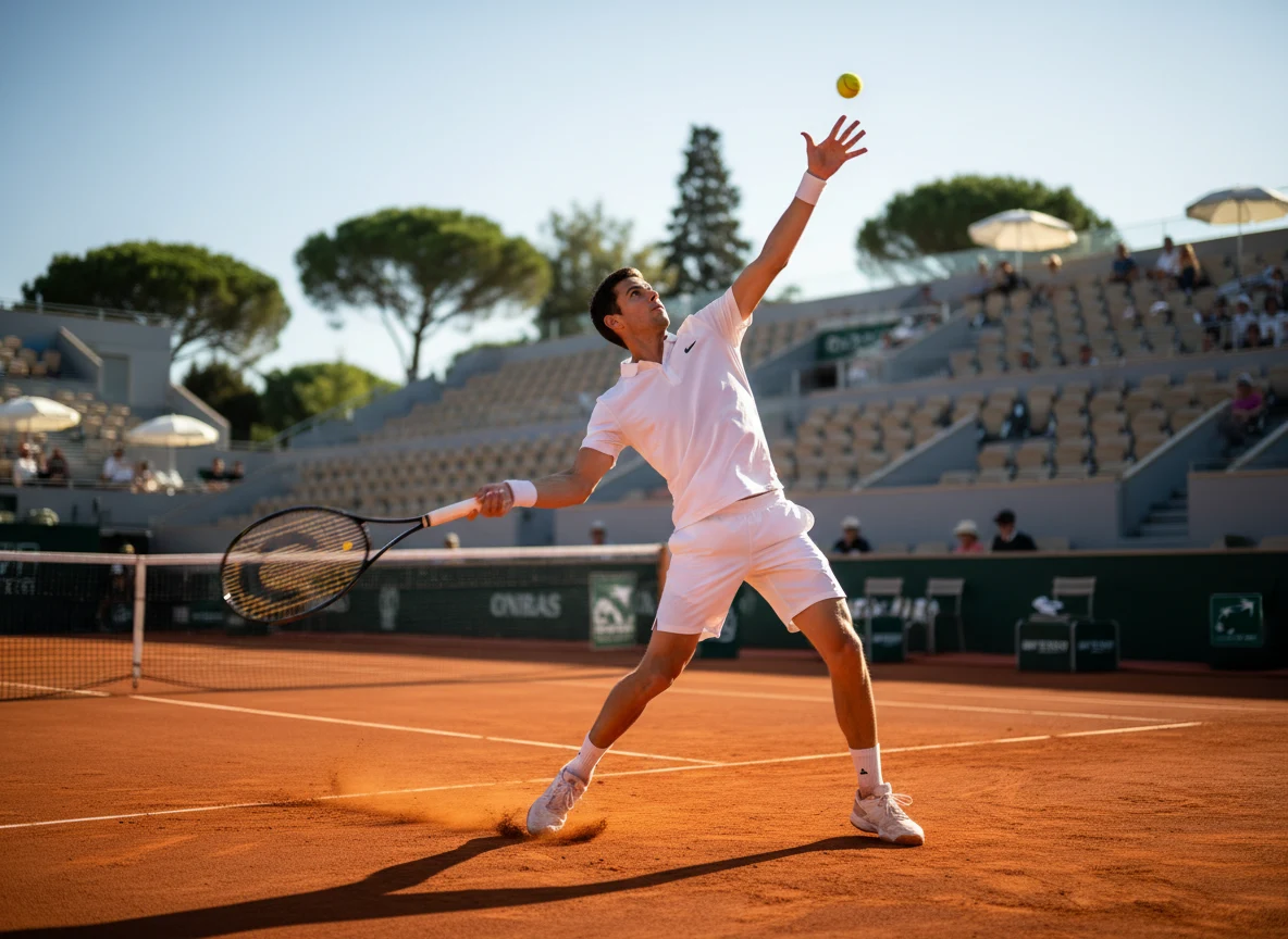 Tennisball auf der weißen Begrenzungslinie eines klassischen roten Sandplatzes.