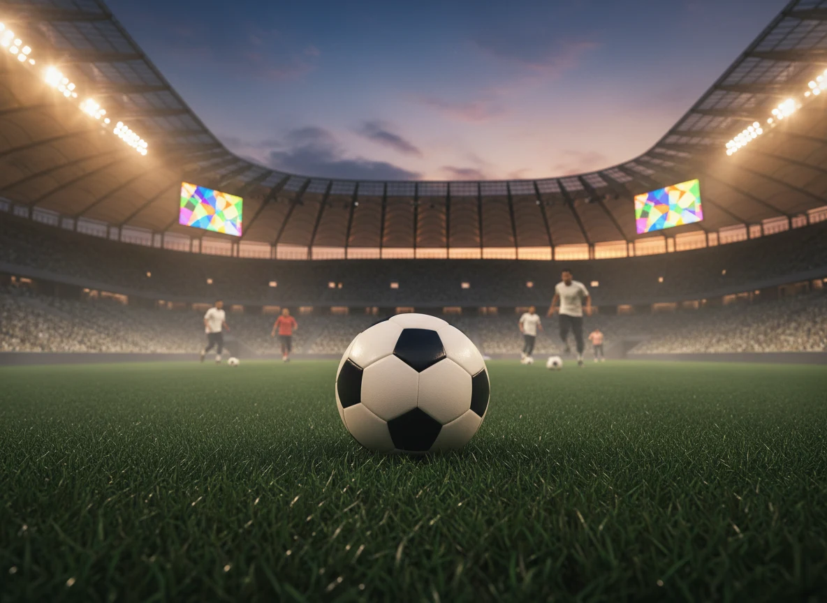 Moderner Fußball auf dem Rasen eines beleuchteten Flutlicht-Stadions vor dem Anpfiff.