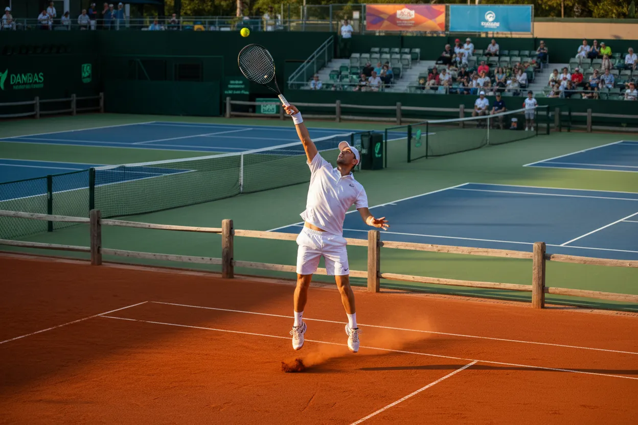 Tennisspieler beim Aufschlag auf einem Sandplatz