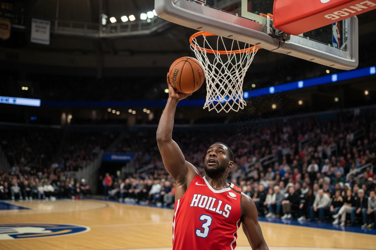 Basketballspieler beim Wurf auf den Korb in einer Halle