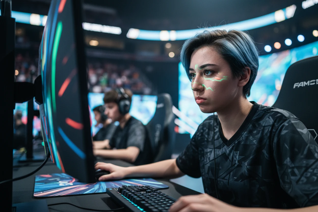 Computerspieler bei einem E-Sport-Turnier auf einer Bühne